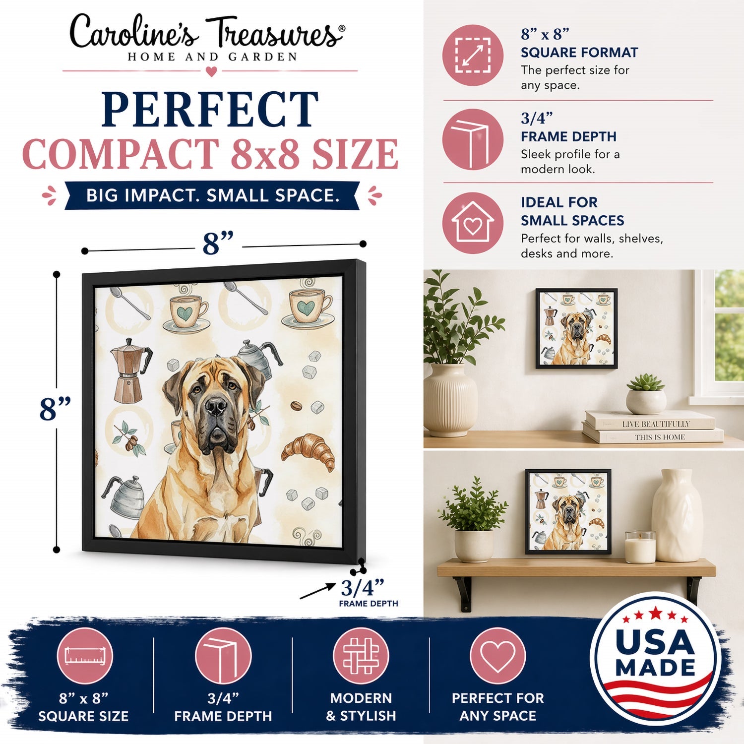 Fawn English Mastiff Coffee Bar Framed Metal Print Bathroom, Kitchen, Office, Home Decor Wall Art Ready to Hang, Square, 8X8