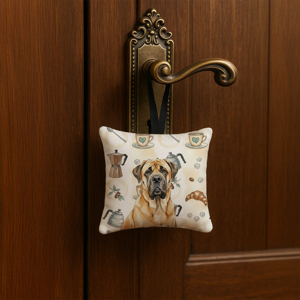 Fawn English Mastiff Coffee Bar Hanging Square Fabric Ornament 3.5 � 3.5 Decorative Door-Knob & Tree Hanger, Soft Fabric