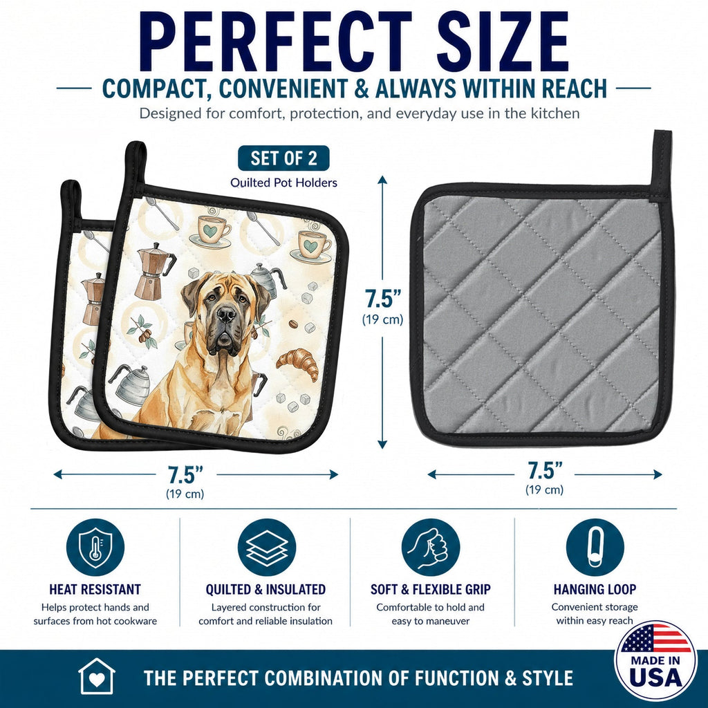 Fawn English Mastiff Coffee Bar Pot Holder Set of 2 Heat Resistant Quilted Hot Pads 7.5 x 7.5 Inch, Insulated Kitchen Trivets for Cooking & Baking