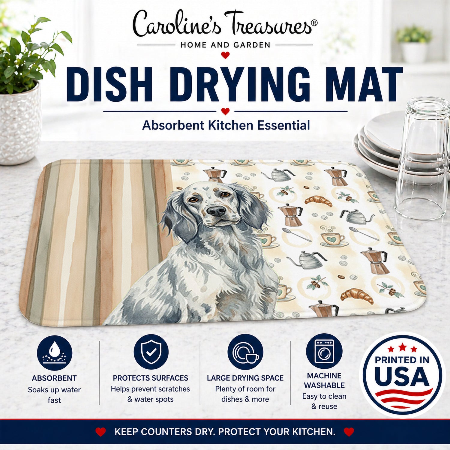 Blue Belton English Setter Coffee Bar Dish Drying Mat Absorbent Dish Drying Mat Pad for Kitchen Counter Dish Drainer Mat for Countertop, 14 x 21", Multicolor