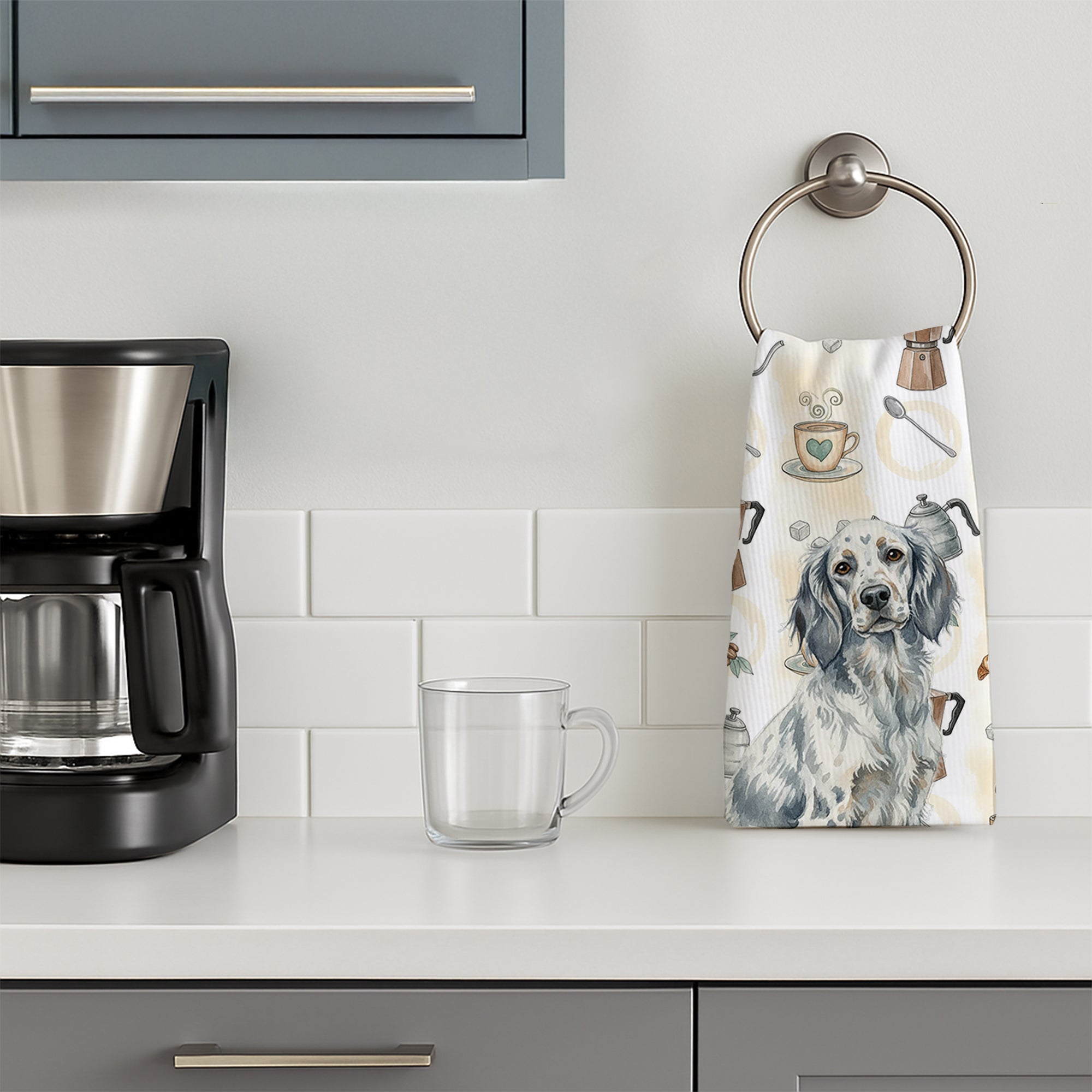 Blue Belton English Setter Coffee Bar Kitchen Towel Velour Plush Front and Cotton Loop Back Machine Washable