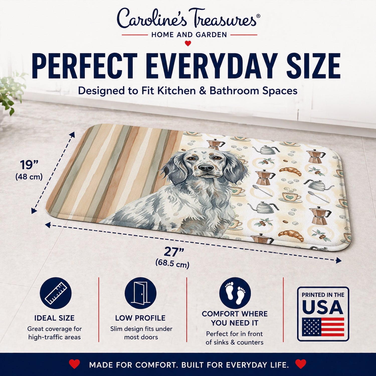 Blue Belton English Setter Coffee Bar Memory Foam Kitchen Mat Machine Washable Anti-Fatigue Cushion Comfort Bath or Kitchen Rug