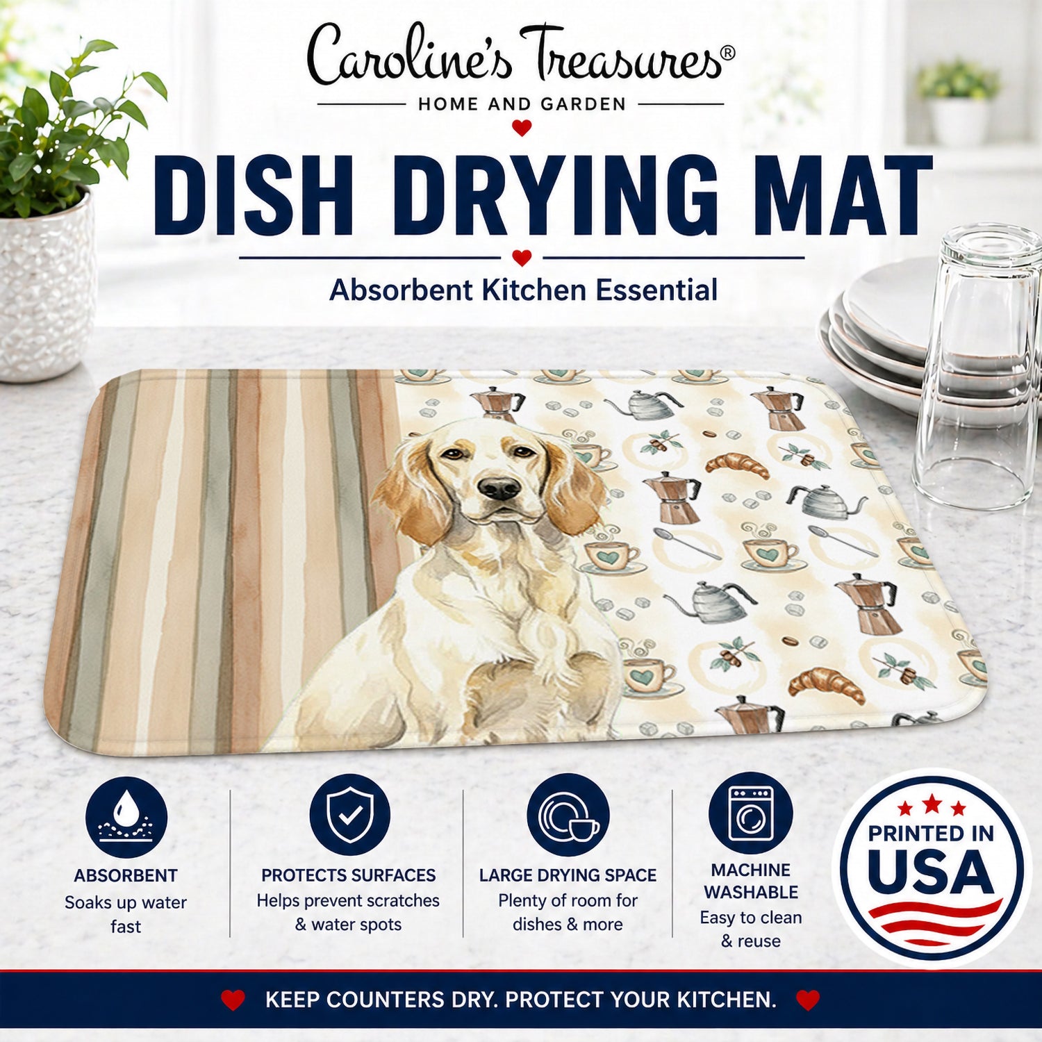 Lemon Belton English Setter Coffee Bar Dish Drying Mat Absorbent Dish Drying Mat Pad for Kitchen Counter Dish Drainer Mat for Countertop, 14 x 21", Multicolor