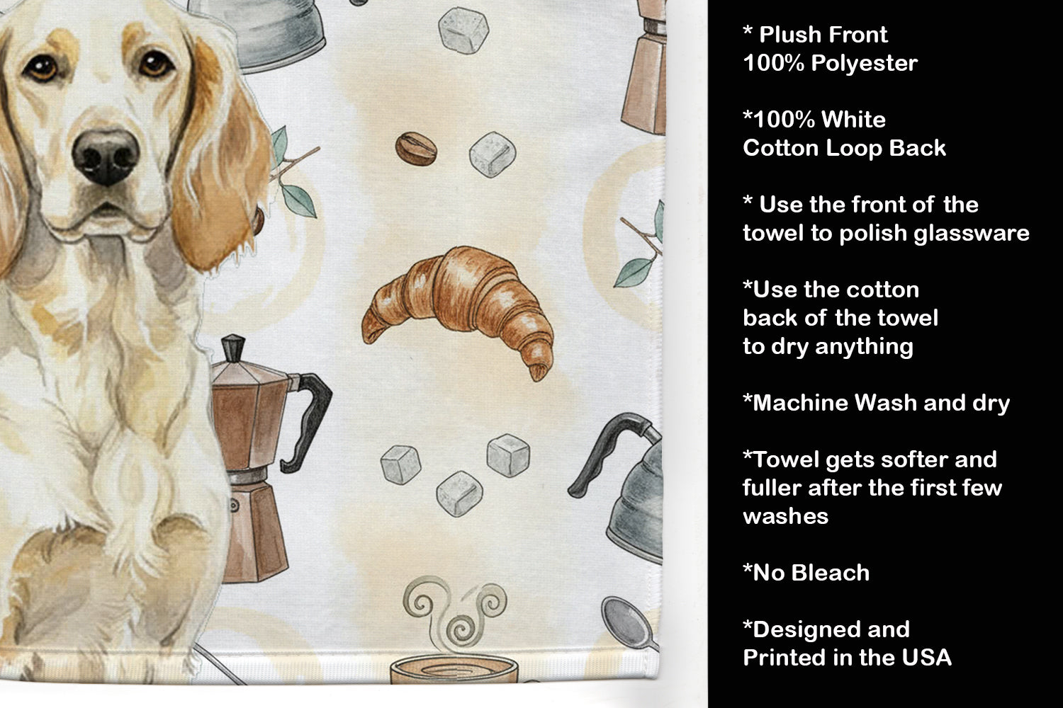 Lemon Belton English Setter Coffee Bar Kitchen Towel Velour Plush Front and Cotton Loop Back Machine Washable