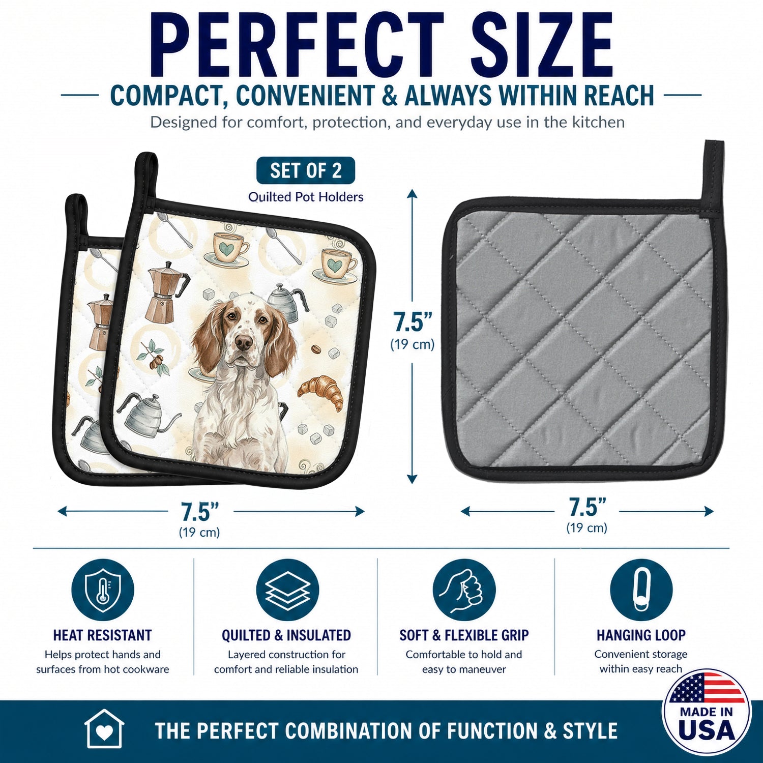 Liver Belton English Setter Coffee Bar Pot Holder Set of 2 Heat Resistant Quilted Hot Pads 7.5 x 7.5 Inch, Insulated Kitchen Trivets for Cooking & Baking