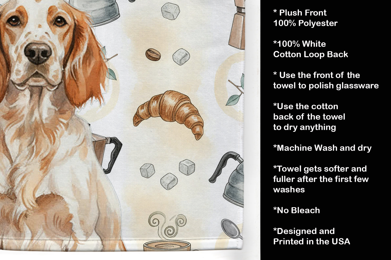 Orange Belton English Setter Coffee Bar Kitchen Towel Velour Plush Front and Cotton Loop Back Machine Washable