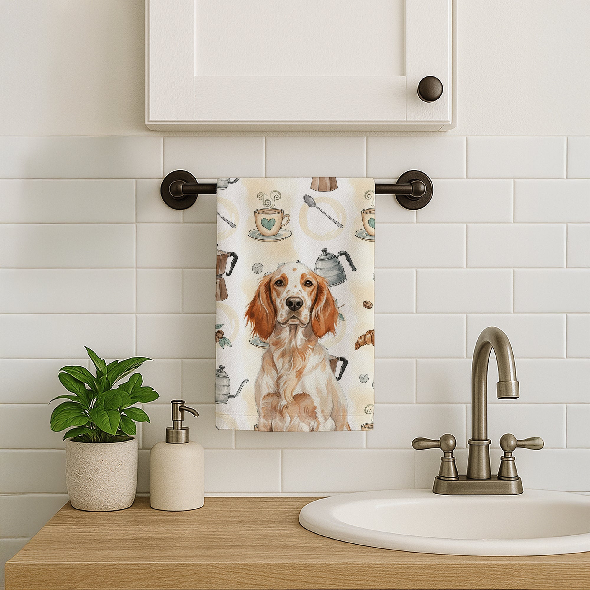 Orange Belton English Setter Coffee Bar Kitchen Towel Velour Plush Front and Cotton Loop Back Machine Washable