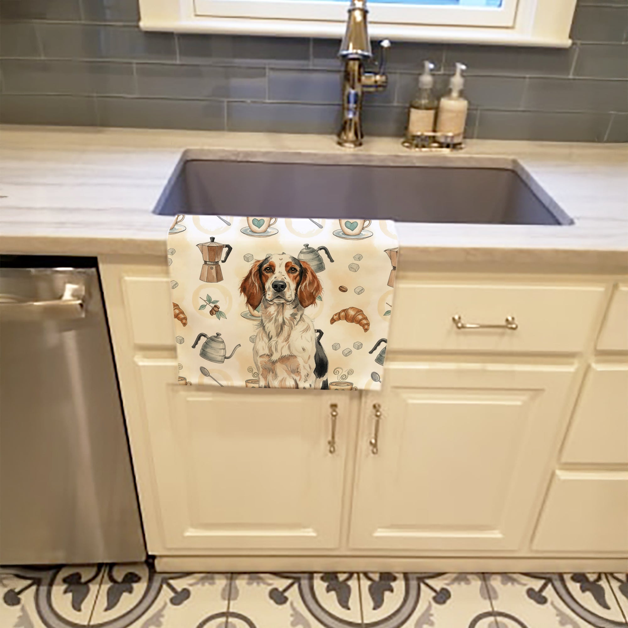Tricolor English Setter Coffee Bar Kitchen Towel Velour Plush Front and Cotton Loop Back Machine Washable