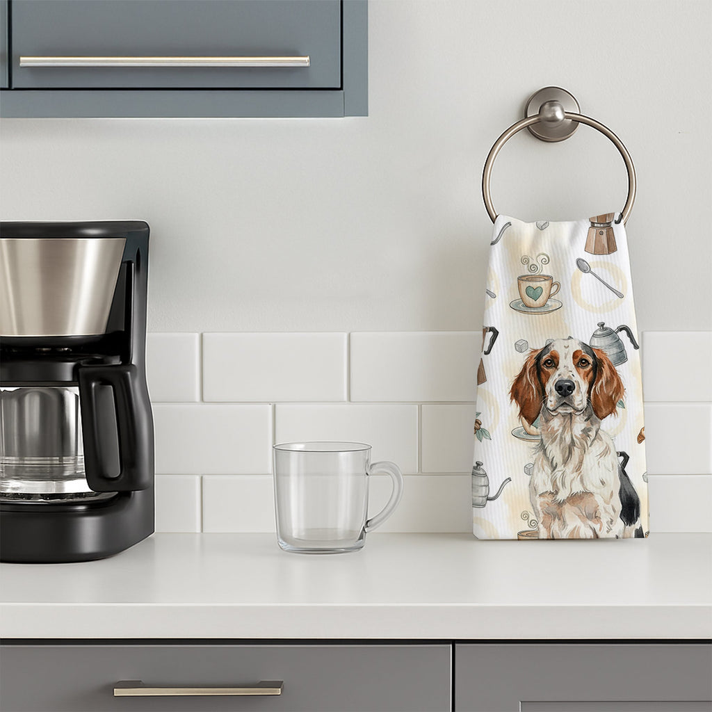 Tricolor English Setter Coffee Bar Kitchen Towel Velour Plush Front and Cotton Loop Back Machine Washable