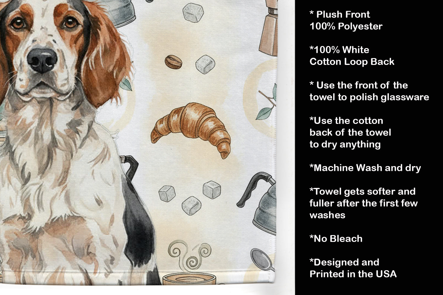 Tricolor English Setter Coffee Bar Kitchen Towel Velour Plush Front and Cotton Loop Back Machine Washable