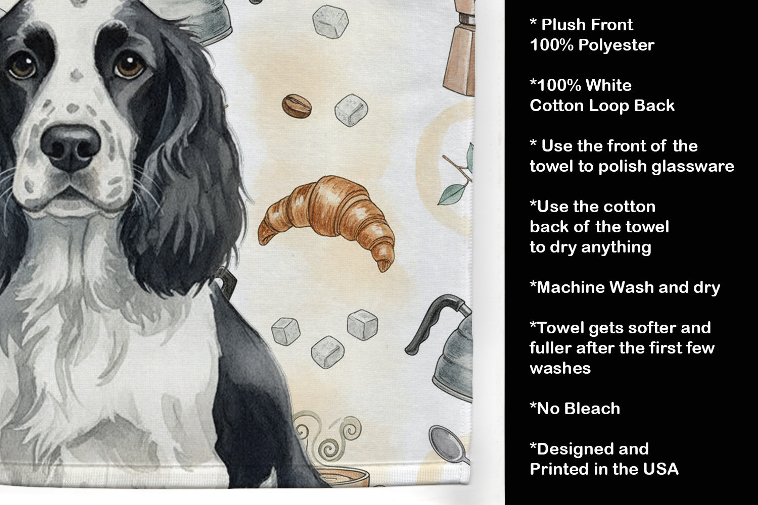 Black and White English Springer Spaniel Coffee Bar Kitchen Towel Velour Plush Front and Cotton Loop Back Machine Washable