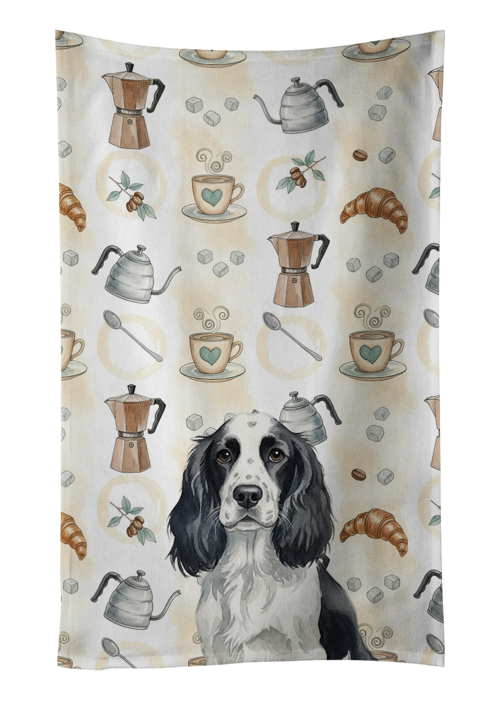 Black and White English Springer Spaniel Coffee Bar Kitchen Towel Velour Plush Front and Cotton Loop Back Machine Washable