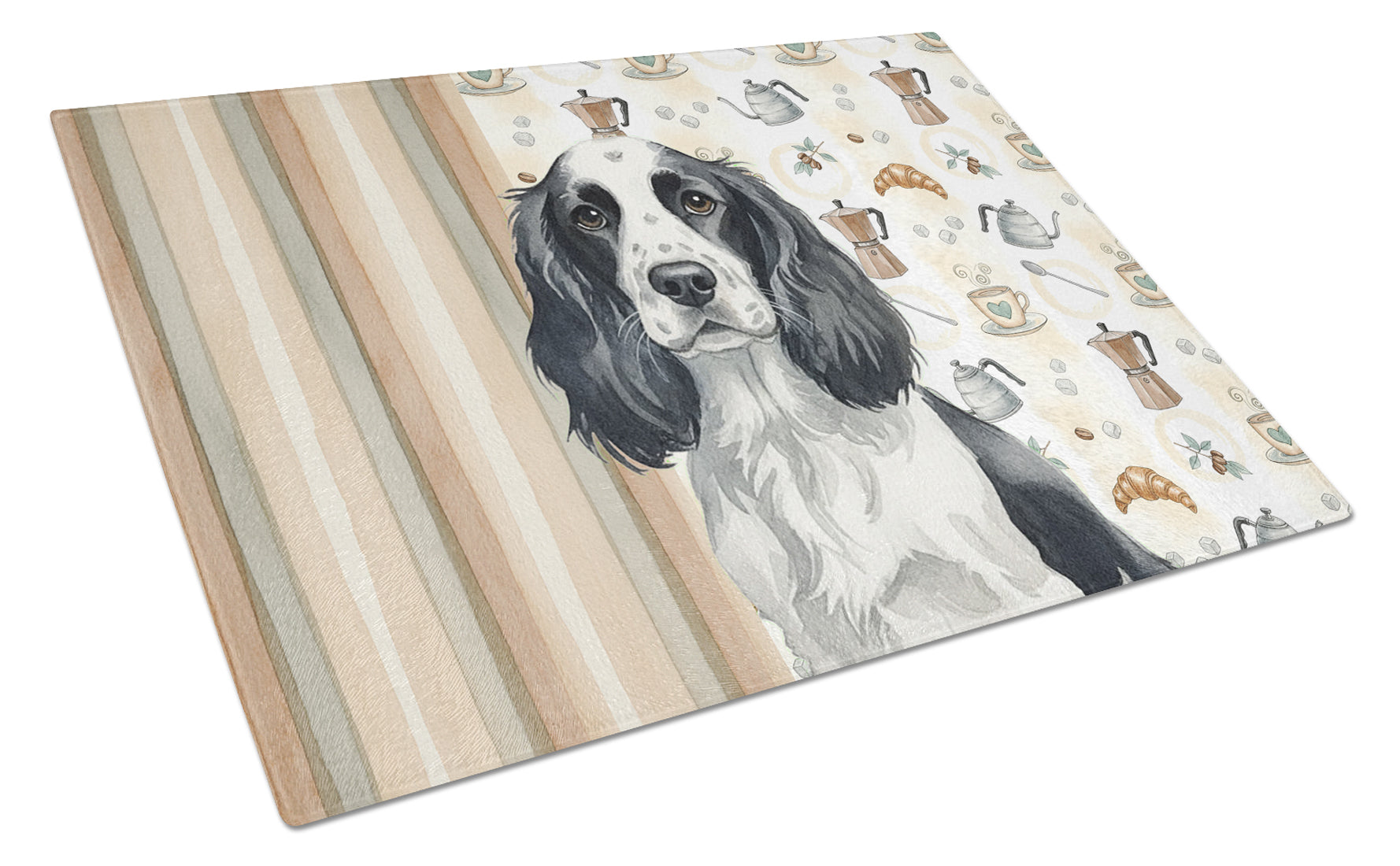 Black and White English Springer Spaniel Coffee Bar Cutting Board Tempered Glass Kitchen Cutting Surface, Heat Resistant Chopping, Non-Slip Feet, Food Prep & Serving