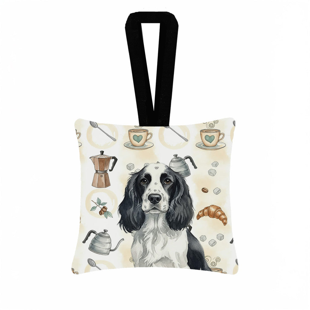 Black and White English Springer Spaniel Coffee Bar Hanging Square Fabric Ornament 3.5 � 3.5 Decorative Door-Knob & Tree Hanger, Soft Fabric