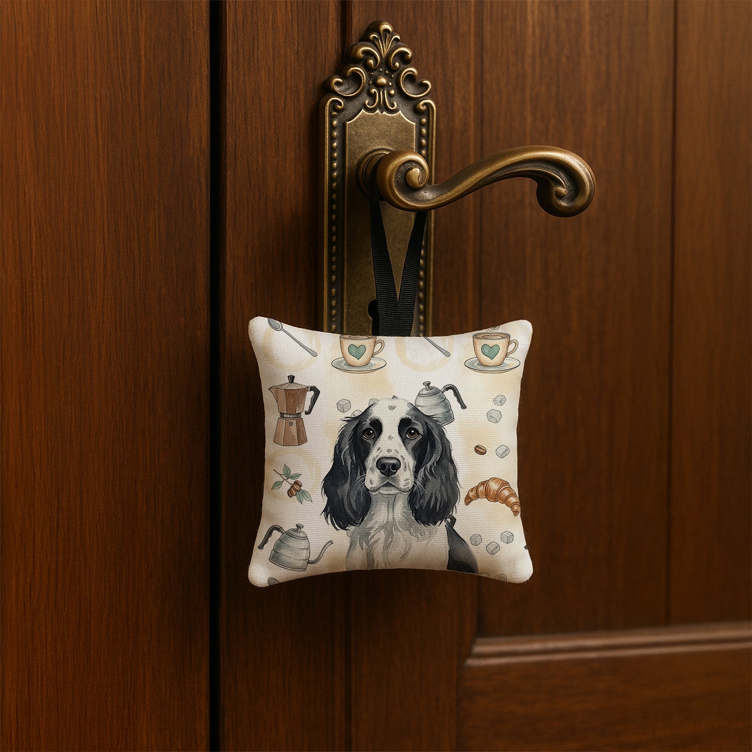 Black and White English Springer Spaniel Coffee Bar Hanging Square Fabric Ornament 3.5 � 3.5 Decorative Door-Knob & Tree Hanger, Soft Fabric