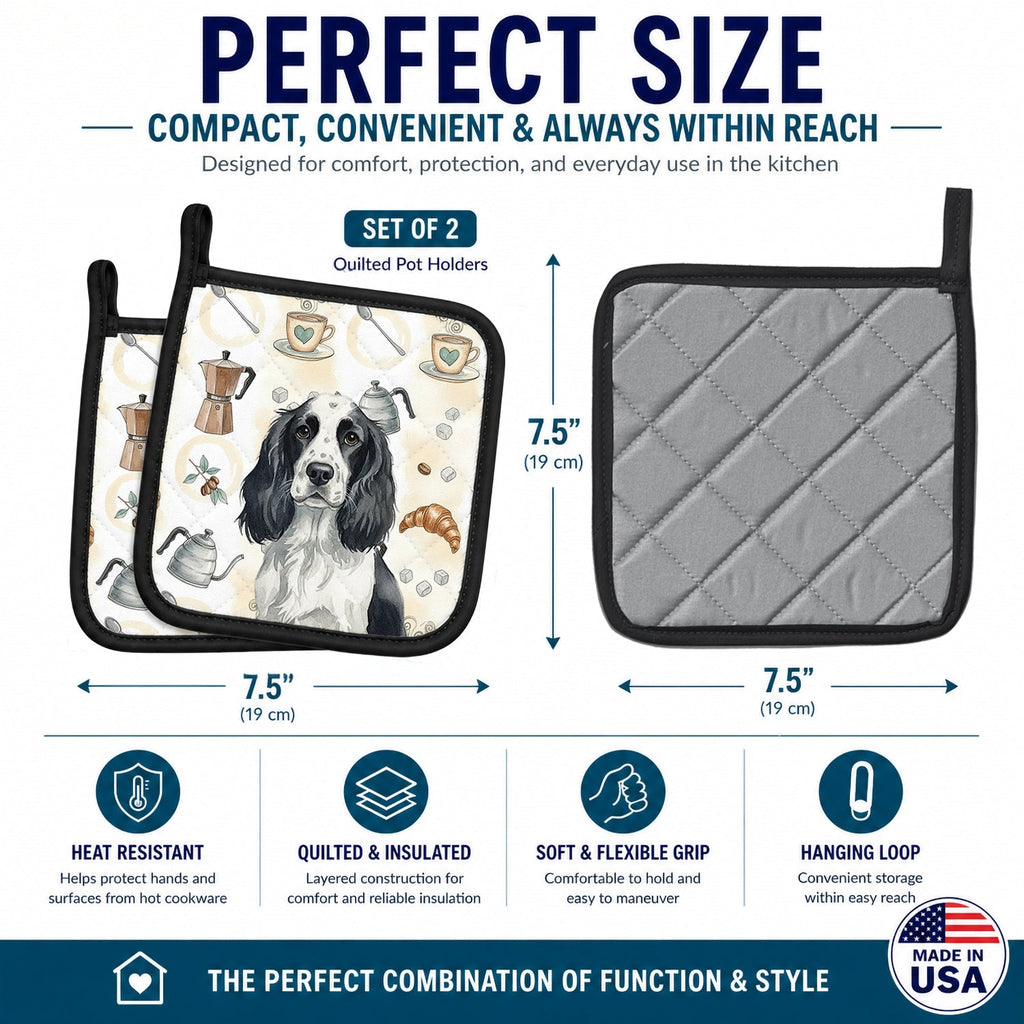 Black and White English Springer Spaniel Coffee Bar Pot Holder Set of 2 Heat Resistant Quilted Hot Pads 7.5 x 7.5 Inch, Insulated Kitchen Trivets for Cooking & Baking