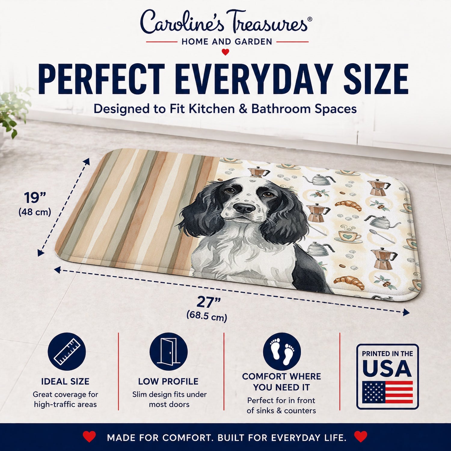 Black and White English Springer Spaniel Coffee Bar Memory Foam Kitchen Mat Machine Washable Anti-Fatigue Cushion Comfort Bath or Kitchen Rug