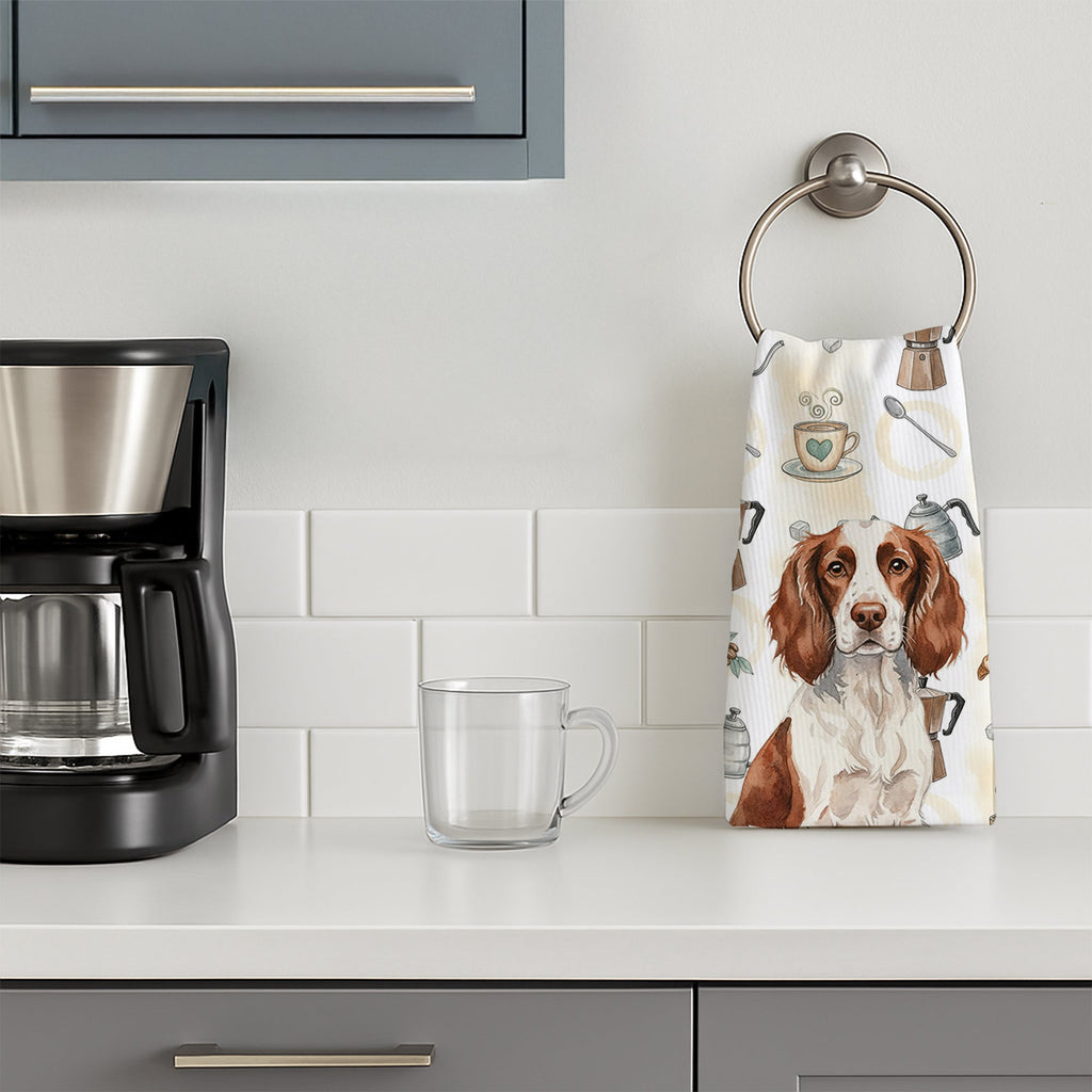 Liver and White English Springer Spaniel Coffee Bar Kitchen Towel Velour Plush Front and Cotton Loop Back Machine Washable