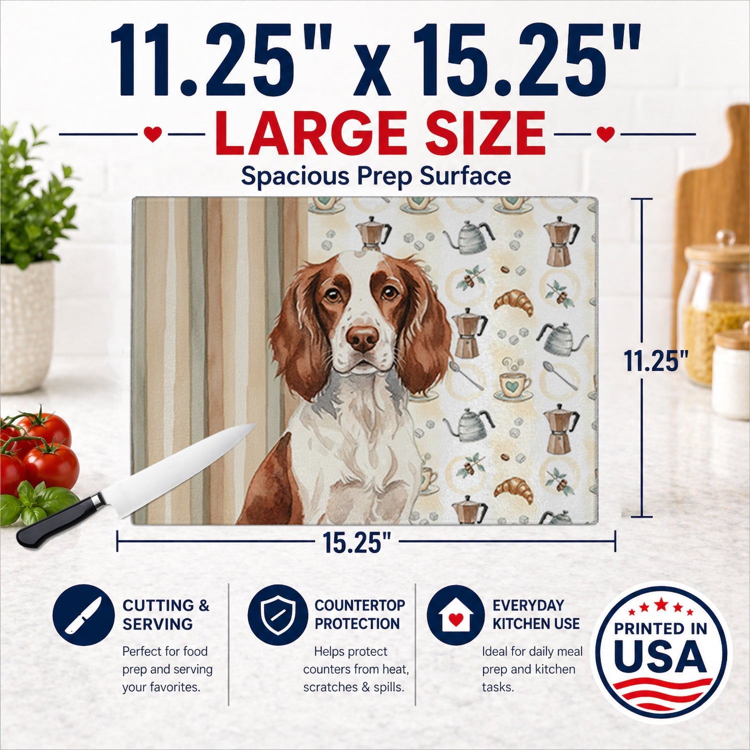 Liver and White English Springer Spaniel Coffee Bar Cutting Board Tempered Glass Kitchen Cutting Surface, Heat Resistant Chopping, Non-Slip Feet, Food Prep & Serving