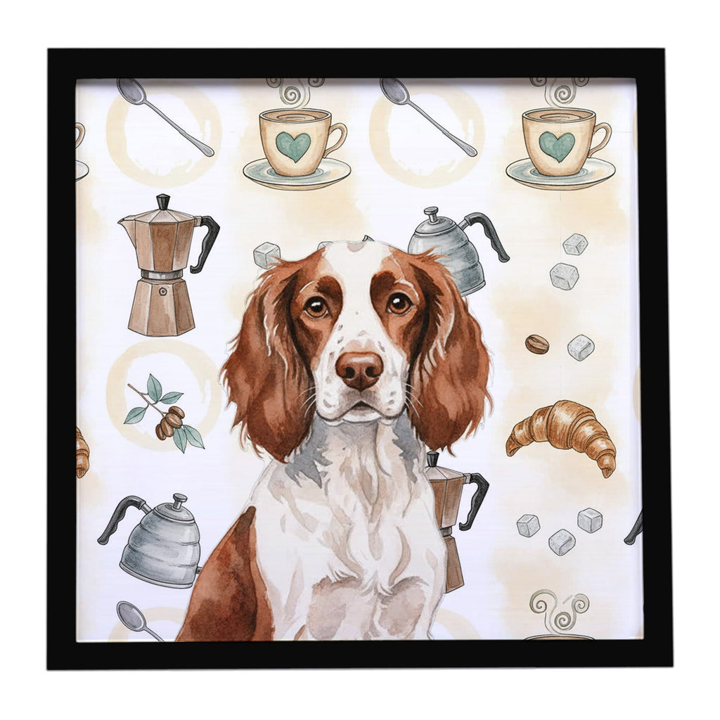 Liver and White English Springer Spaniel Coffee Bar Framed Metal Print Bathroom, Kitchen, Office, Home Decor Wall Art Ready to Hang, Square, 8X8