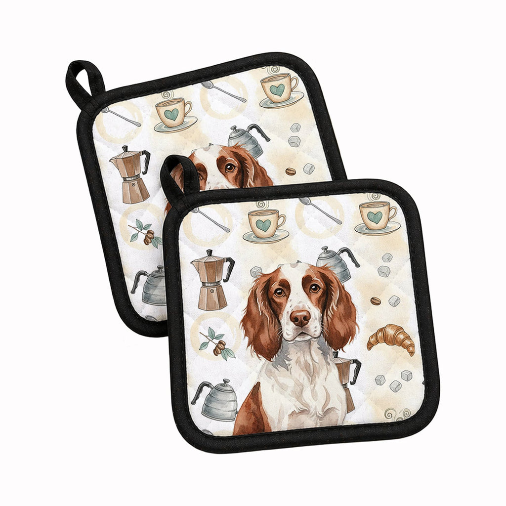 Liver and White English Springer Spaniel Coffee Bar Pot Holder Set of 2 Heat Resistant Quilted Hot Pads 7.5 x 7.5 Inch, Insulated Kitchen Trivets for Cooking & Baking