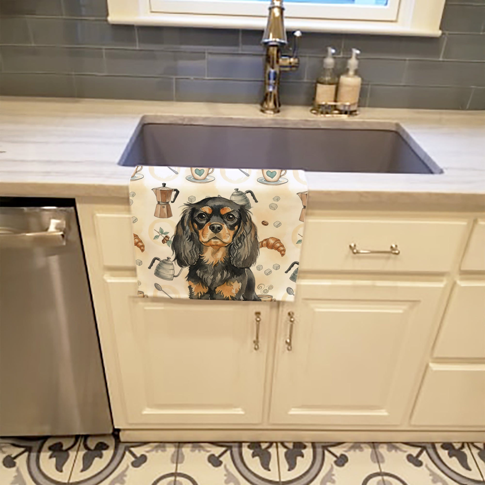 Black and Tan English Toy Spaniel Coffee Bar Kitchen Towel Velour Plush Front and Cotton Loop Back Machine Washable