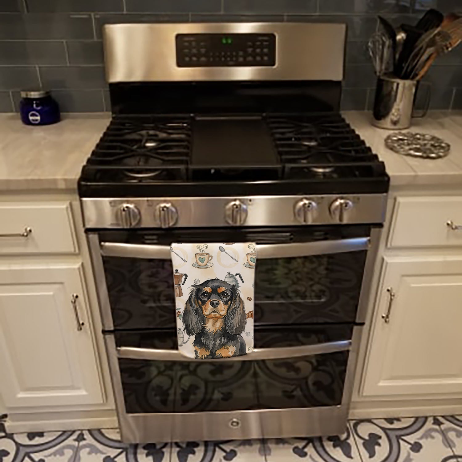 Black and Tan English Toy Spaniel Coffee Bar Kitchen Towel Velour Plush Front and Cotton Loop Back Machine Washable