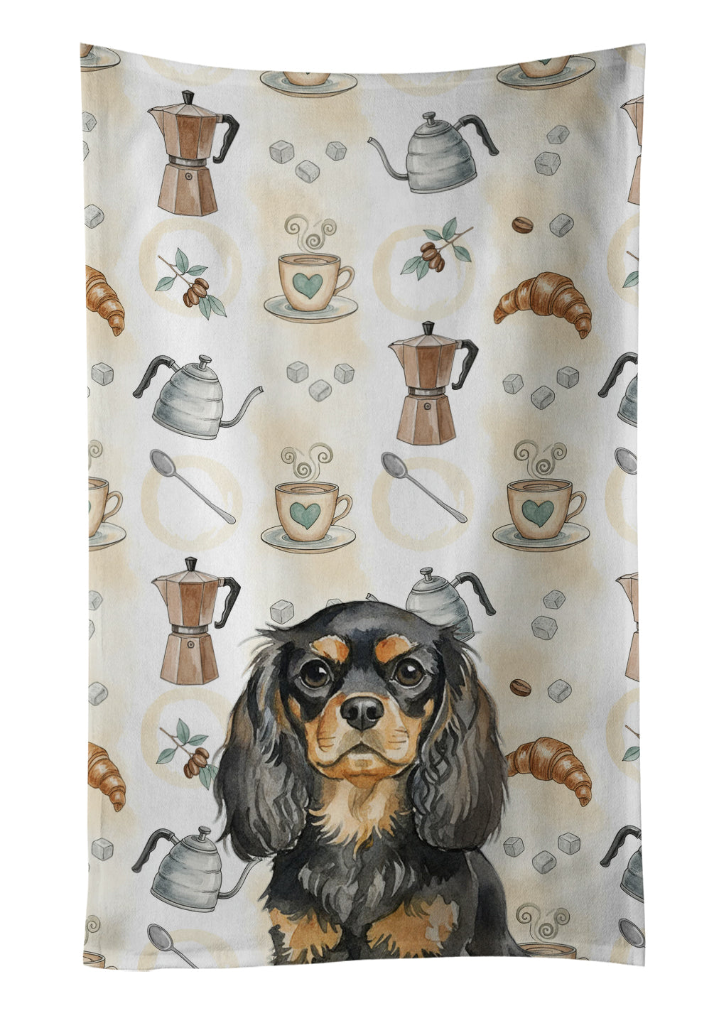 Black and Tan English Toy Spaniel Coffee Bar Kitchen Towel Velour Plush Front and Cotton Loop Back Machine Washable