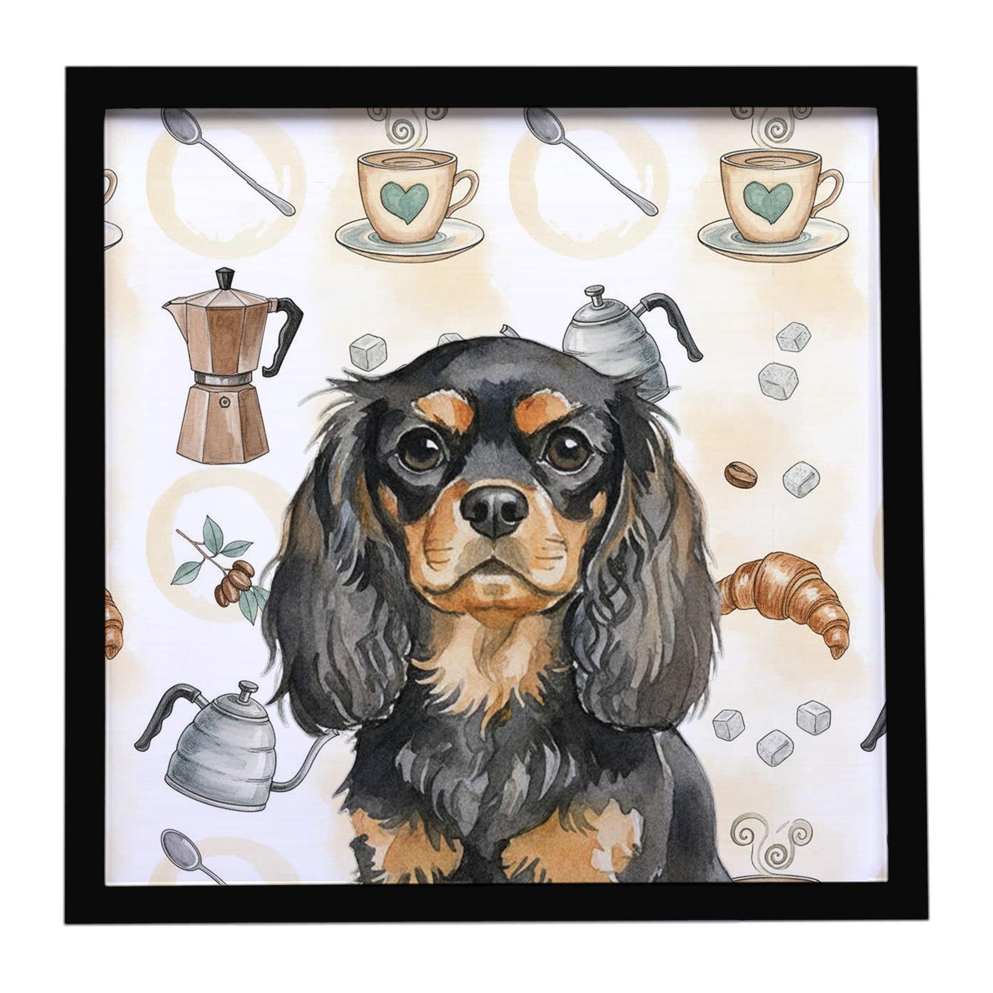 Black and Tan English Toy Spaniel Coffee Bar Framed Metal Print Bathroom, Kitchen, Office, Home Decor Wall Art Ready to Hang, Square, 8X8