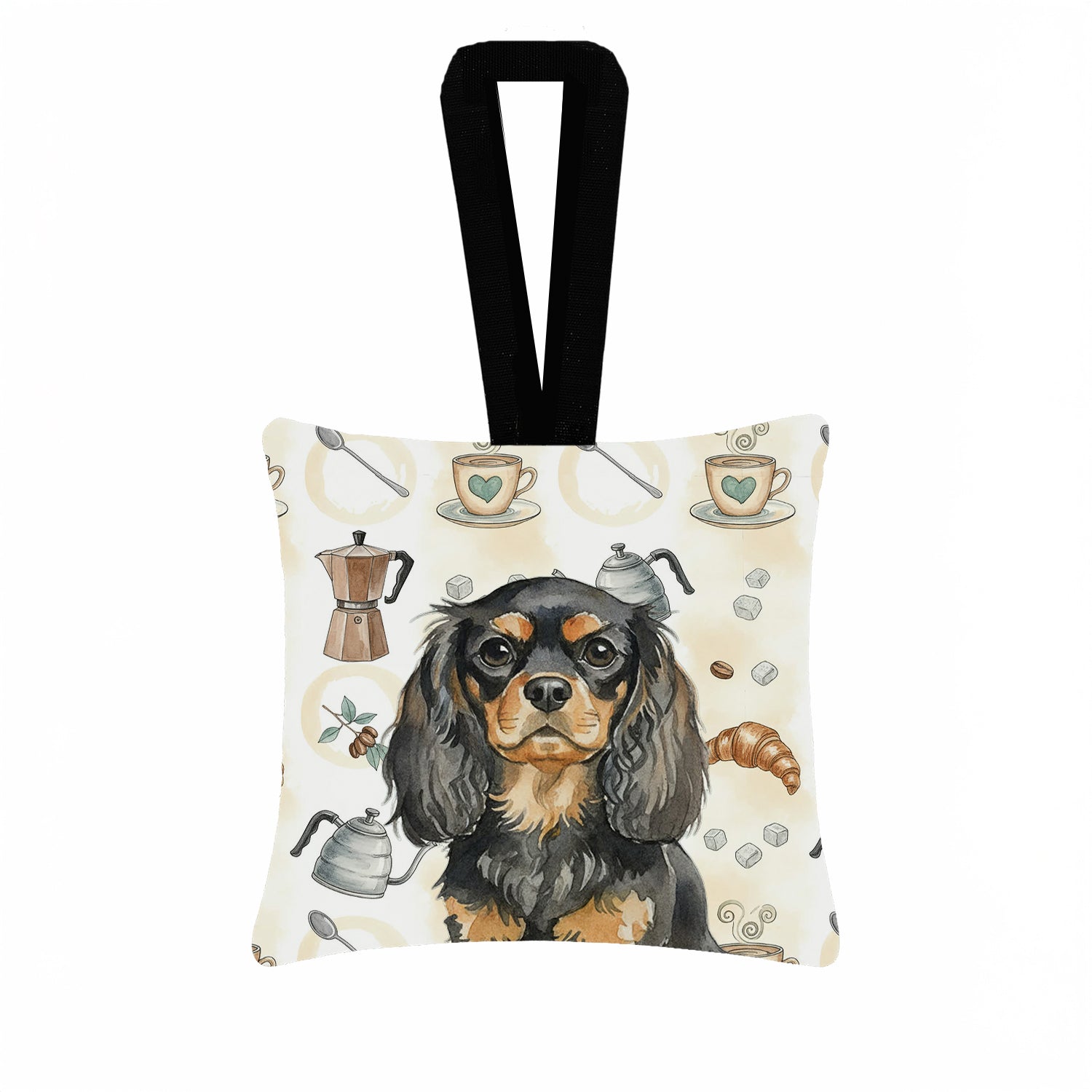 Black and Tan English Toy Spaniel Coffee Bar Hanging Square Fabric Ornament 3.5 � 3.5 Decorative Door-Knob & Tree Hanger, Soft Fabric