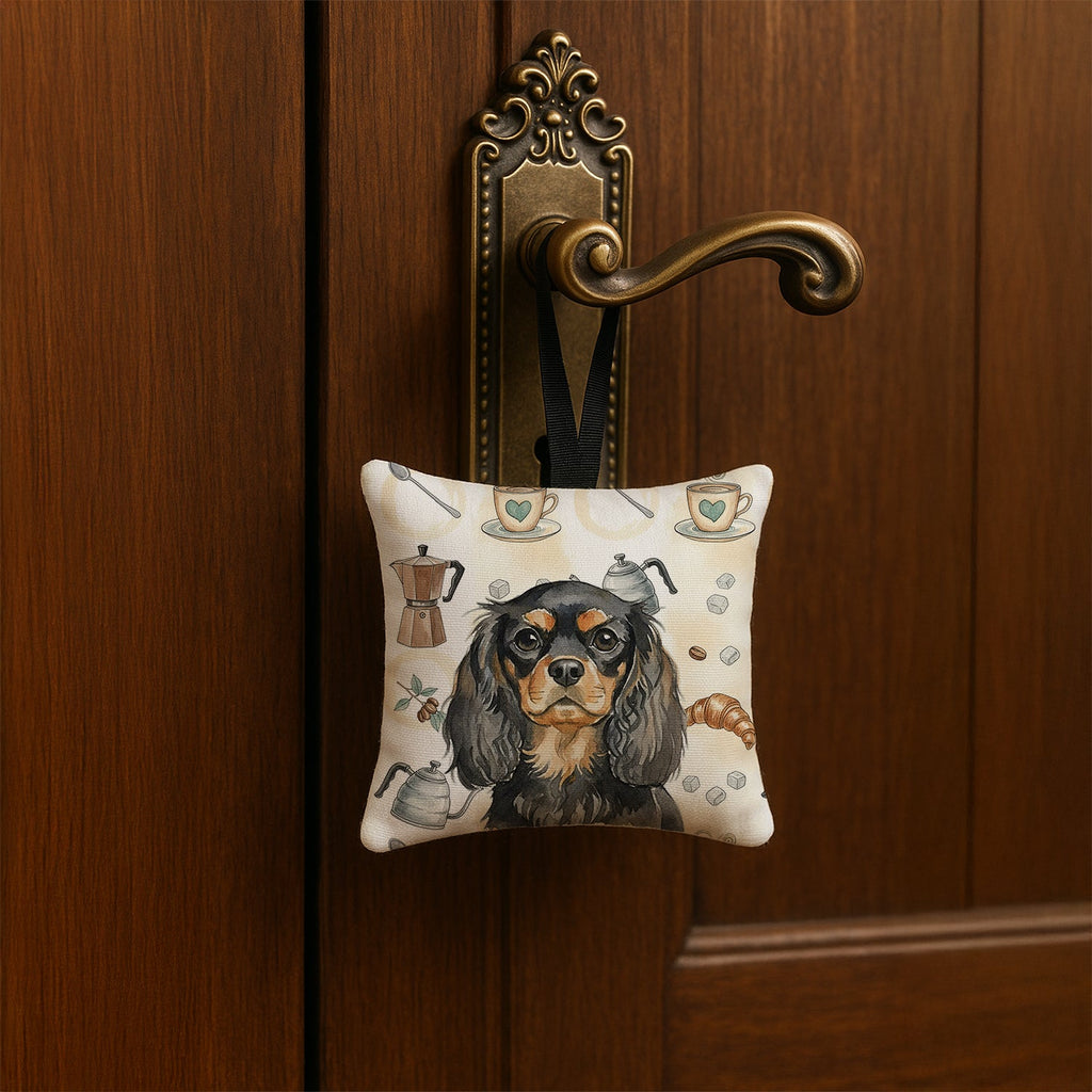 Black and Tan English Toy Spaniel Coffee Bar Hanging Square Fabric Ornament 3.5 � 3.5 Decorative Door-Knob & Tree Hanger, Soft Fabric