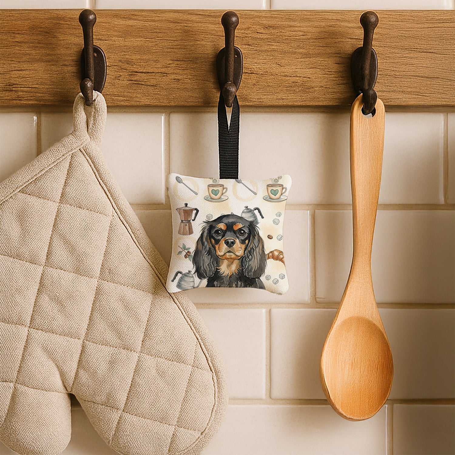 Black and Tan English Toy Spaniel Coffee Bar Hanging Square Fabric Ornament 3.5 � 3.5 Decorative Door-Knob & Tree Hanger, Soft Fabric