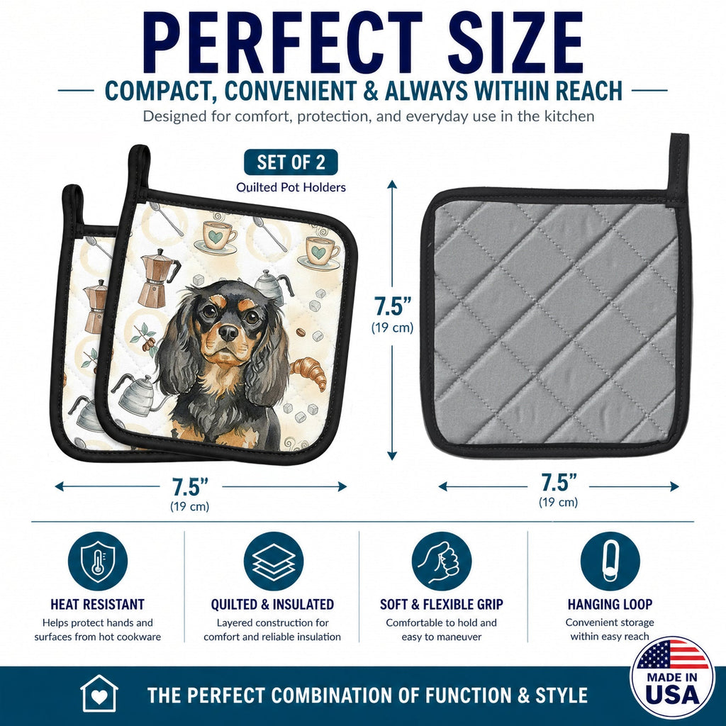 Black and Tan English Toy Spaniel Coffee Bar Pot Holder Set of 2 Heat Resistant Quilted Hot Pads 7.5 x 7.5 Inch, Insulated Kitchen Trivets for Cooking & Baking