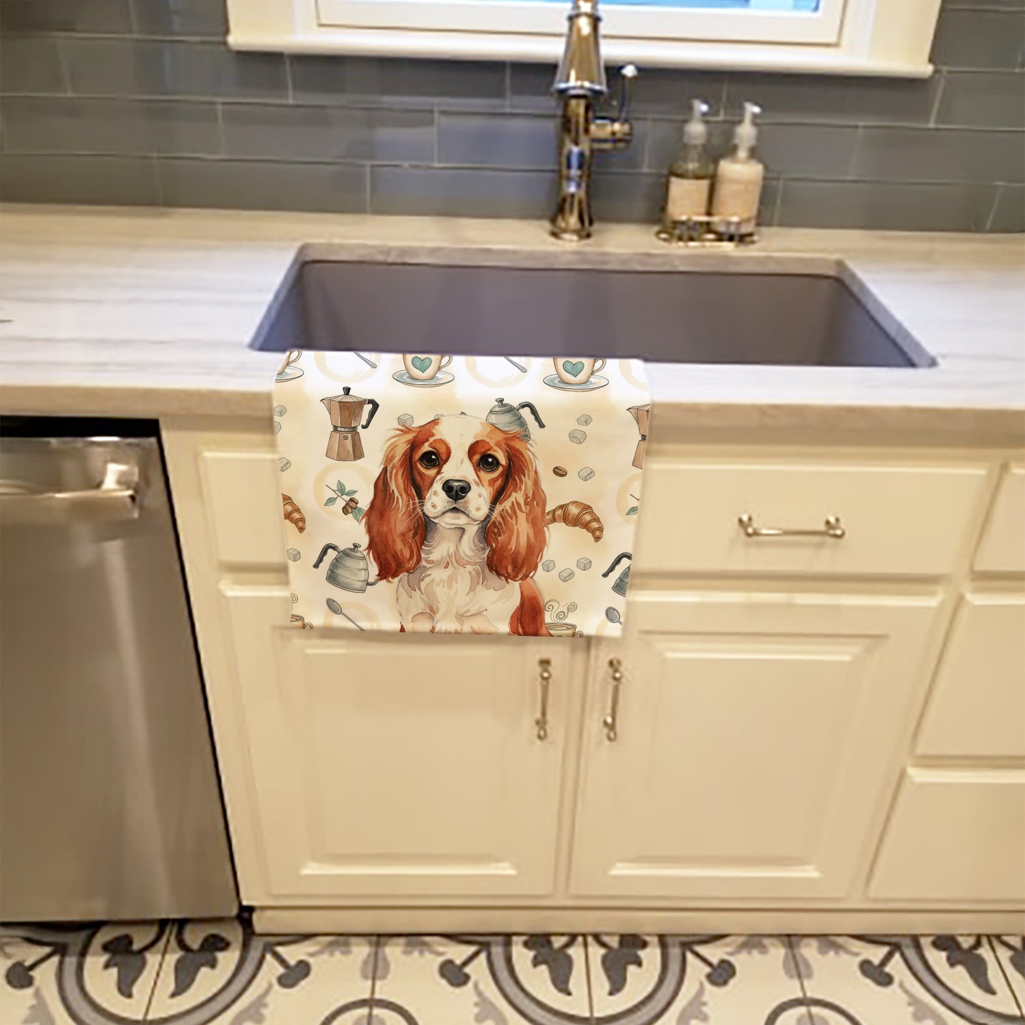 Blenheim English Toy Spaniel Coffee Bar Kitchen Towel Velour Plush Front and Cotton Loop Back Machine Washable