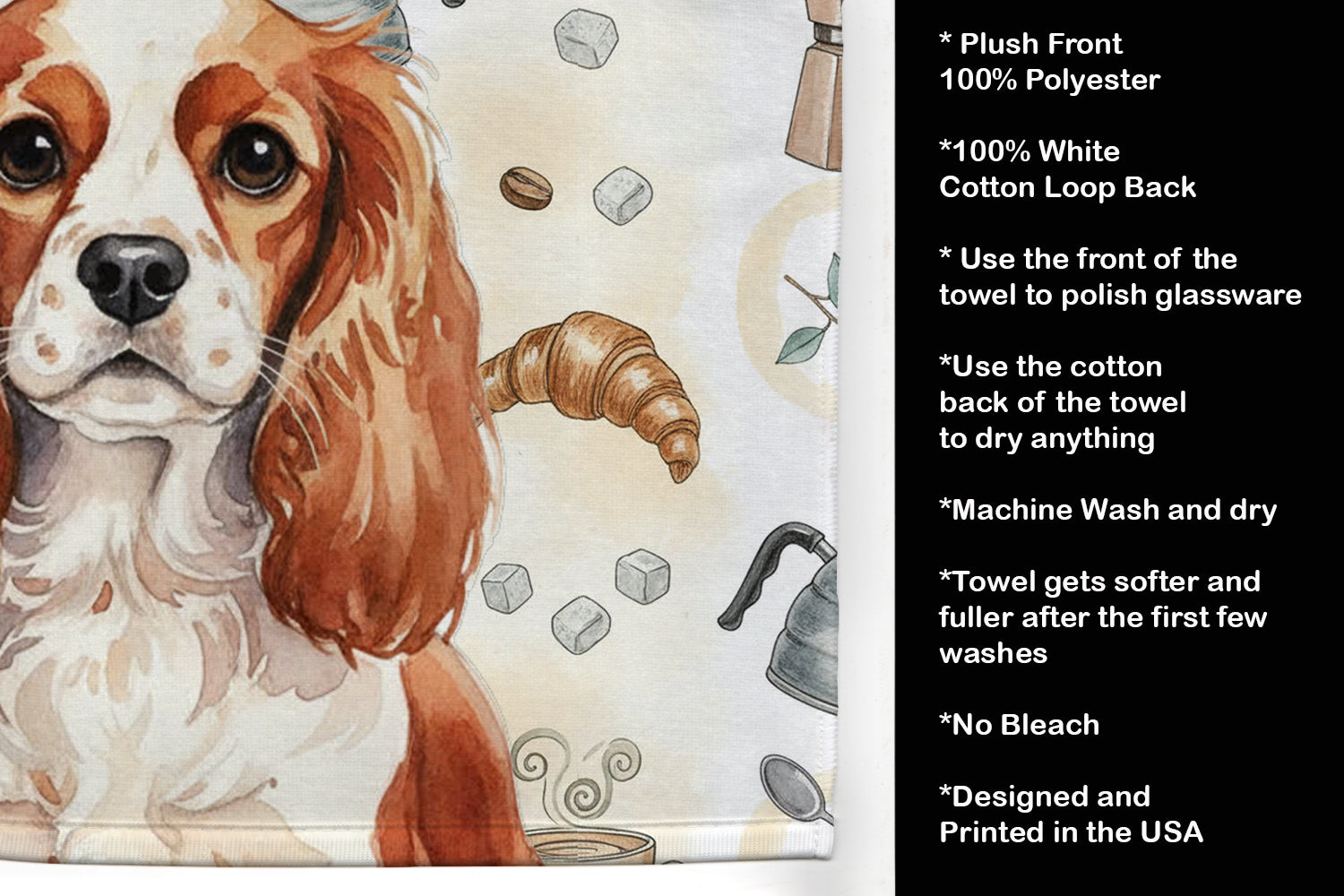Blenheim English Toy Spaniel Coffee Bar Kitchen Towel Velour Plush Front and Cotton Loop Back Machine Washable