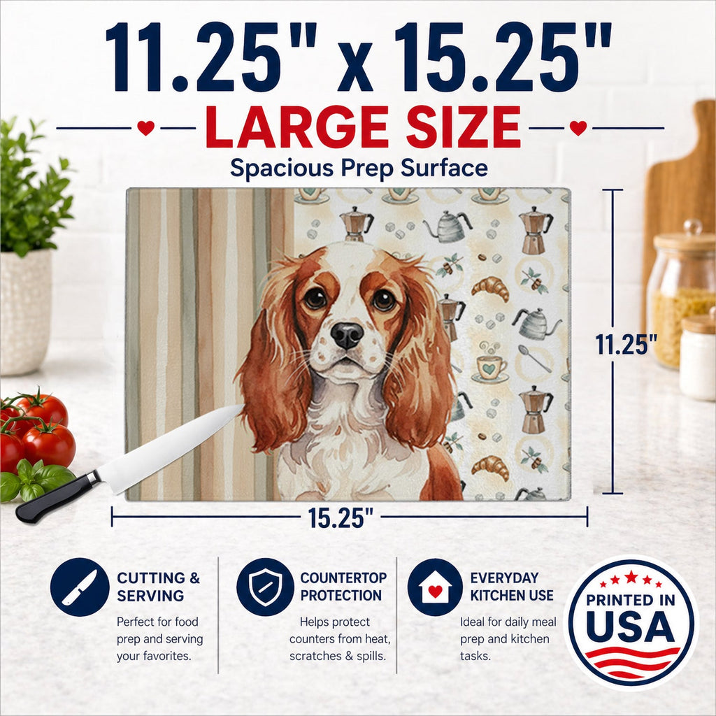 Blenheim English Toy Spaniel Coffee Bar Cutting Board Tempered Glass Kitchen Cutting Surface, Heat Resistant Chopping, Non-Slip Feet, Food Prep & Serving