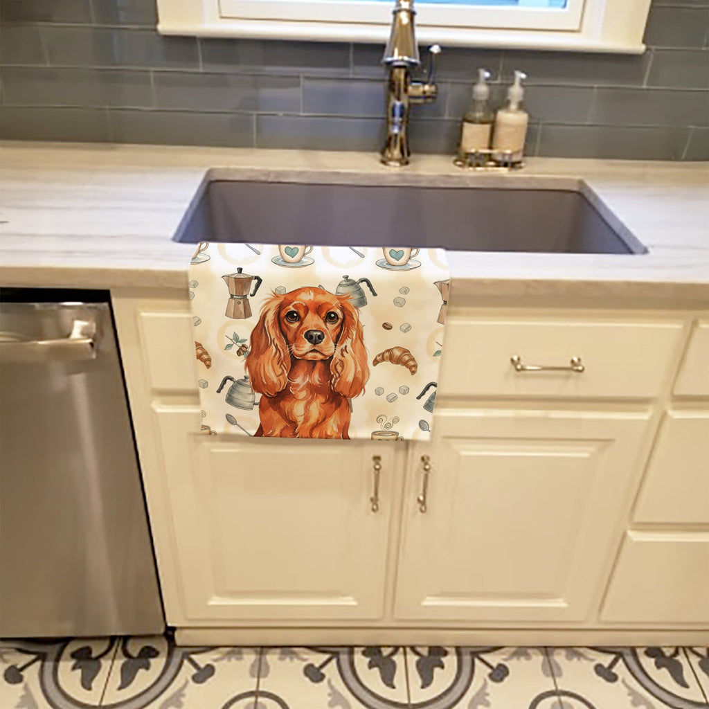 Ruby English Toy Spaniel Coffee Bar Kitchen Towel Velour Plush Front and Cotton Loop Back Machine Washable
