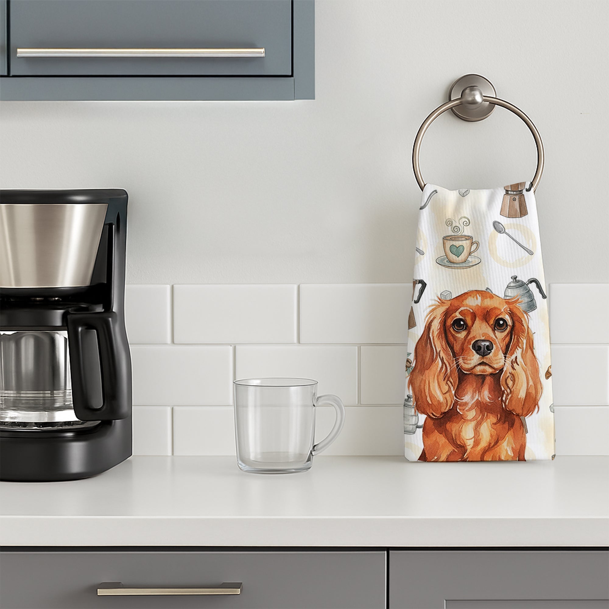 Ruby English Toy Spaniel Coffee Bar Kitchen Towel Velour Plush Front and Cotton Loop Back Machine Washable