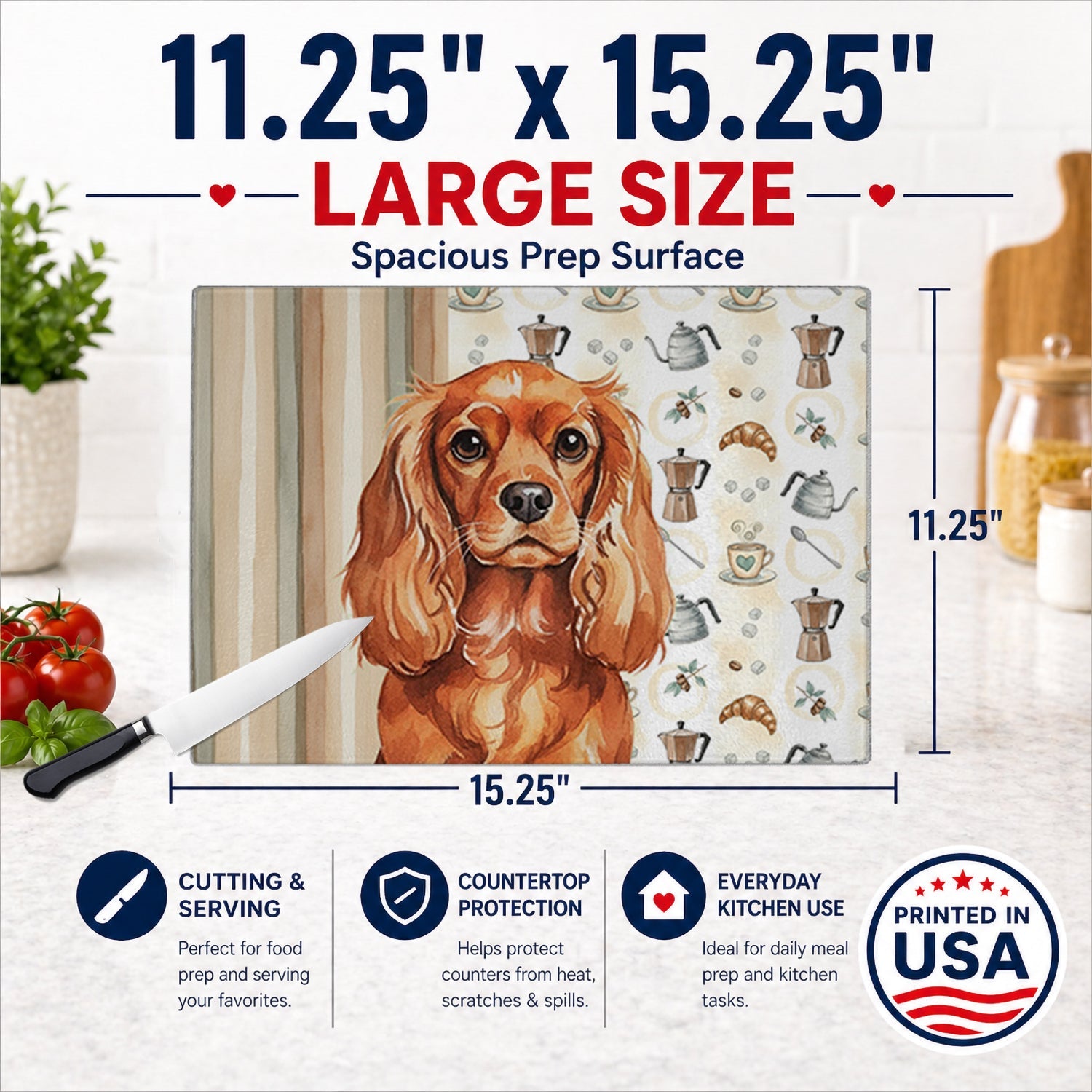Ruby English Toy Spaniel Coffee Bar Cutting Board Tempered Glass Kitchen Cutting Surface, Heat Resistant Chopping, Non-Slip Feet, Food Prep & Serving