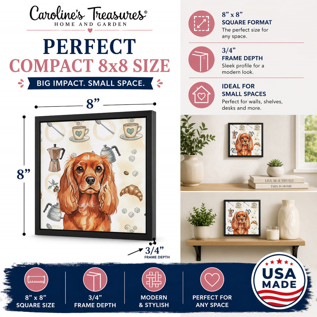 Ruby English Toy Spaniel Coffee Bar Framed Metal Print Bathroom, Kitchen, Office, Home Decor Wall Art Ready to Hang, Square, 8X8