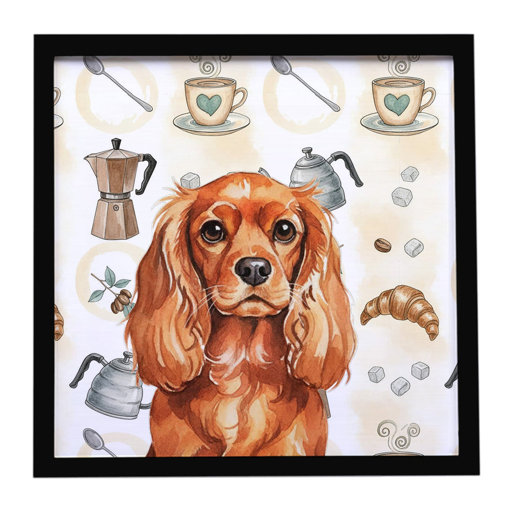 Ruby English Toy Spaniel Coffee Bar Framed Metal Print Bathroom, Kitchen, Office, Home Decor Wall Art Ready to Hang, Square, 8X8