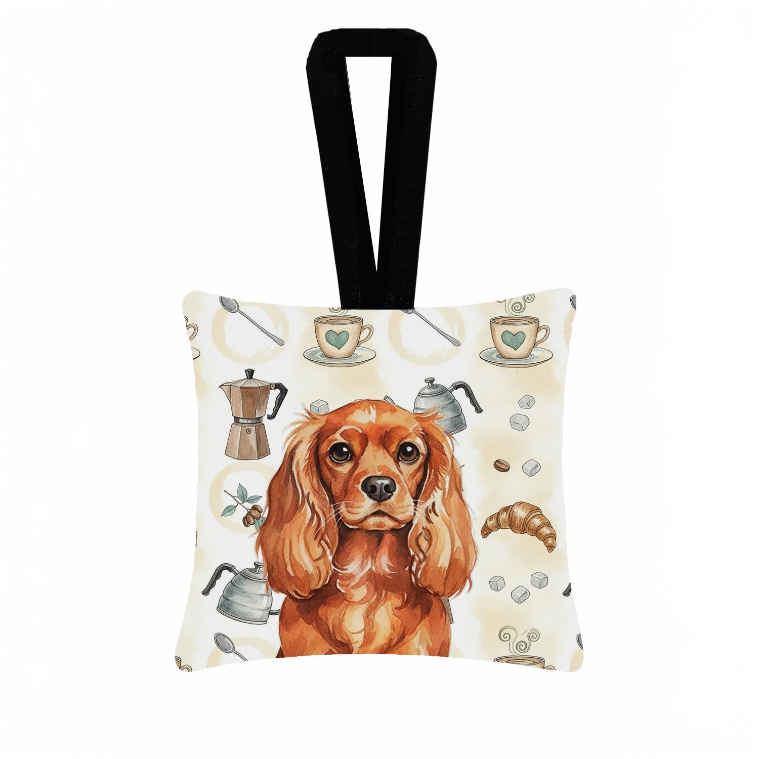 Ruby English Toy Spaniel Coffee Bar Hanging Square Fabric Ornament 3.5 � 3.5 Decorative Door-Knob & Tree Hanger, Soft Fabric