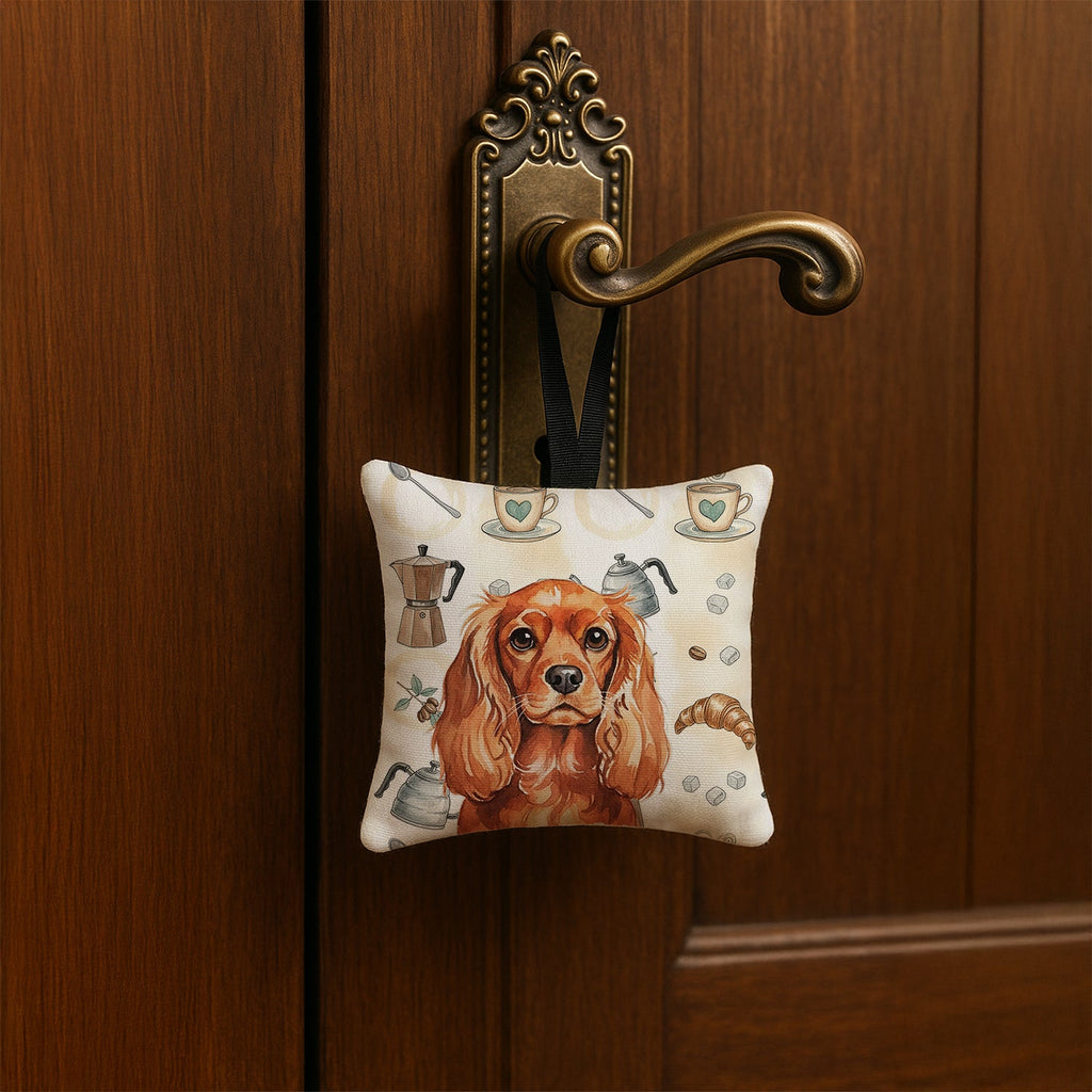 Ruby English Toy Spaniel Coffee Bar Hanging Square Fabric Ornament 3.5 � 3.5 Decorative Door-Knob & Tree Hanger, Soft Fabric