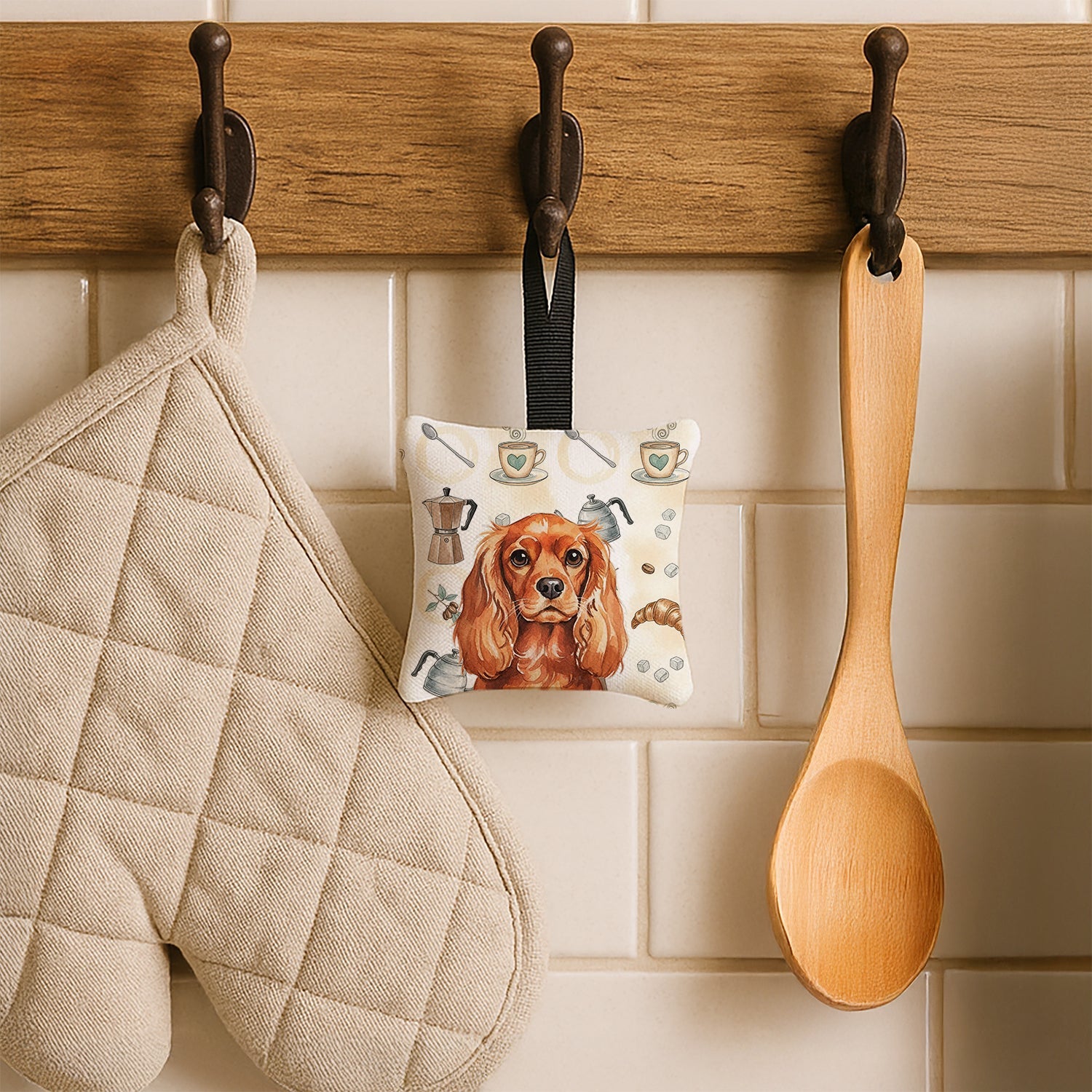 Ruby English Toy Spaniel Coffee Bar Hanging Square Fabric Ornament 3.5 � 3.5 Decorative Door-Knob & Tree Hanger, Soft Fabric