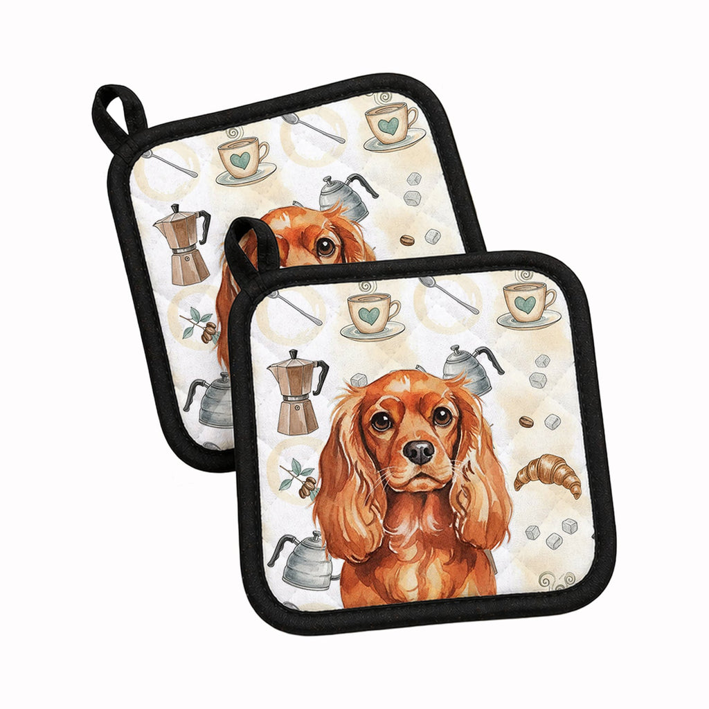 Ruby English Toy Spaniel Coffee Bar Pot Holder Set of 2 Heat Resistant Quilted Hot Pads 7.5 x 7.5 Inch, Insulated Kitchen Trivets for Cooking & Baking