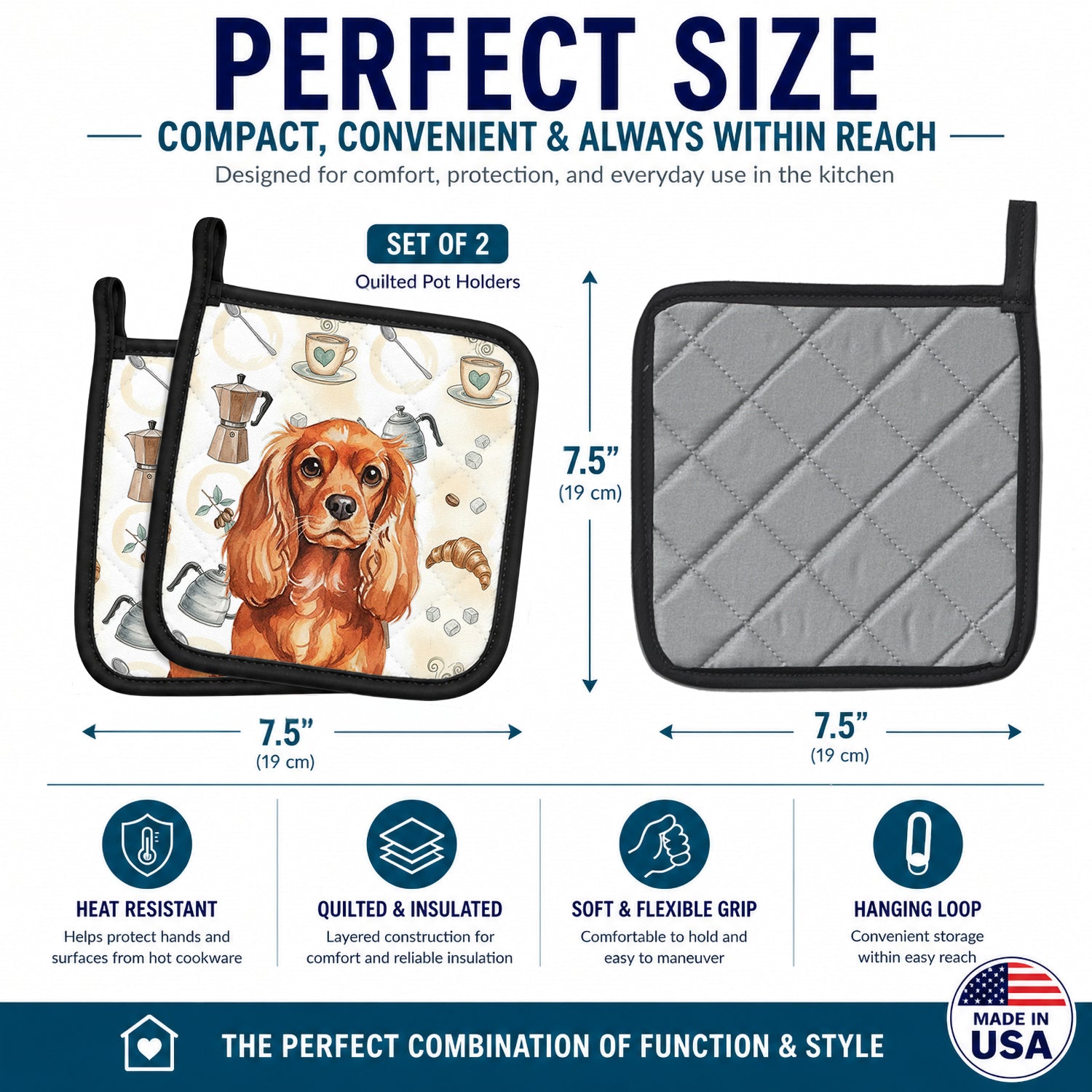 Ruby English Toy Spaniel Coffee Bar Pot Holder Set of 2 Heat Resistant Quilted Hot Pads 7.5 x 7.5 Inch, Insulated Kitchen Trivets for Cooking & Baking