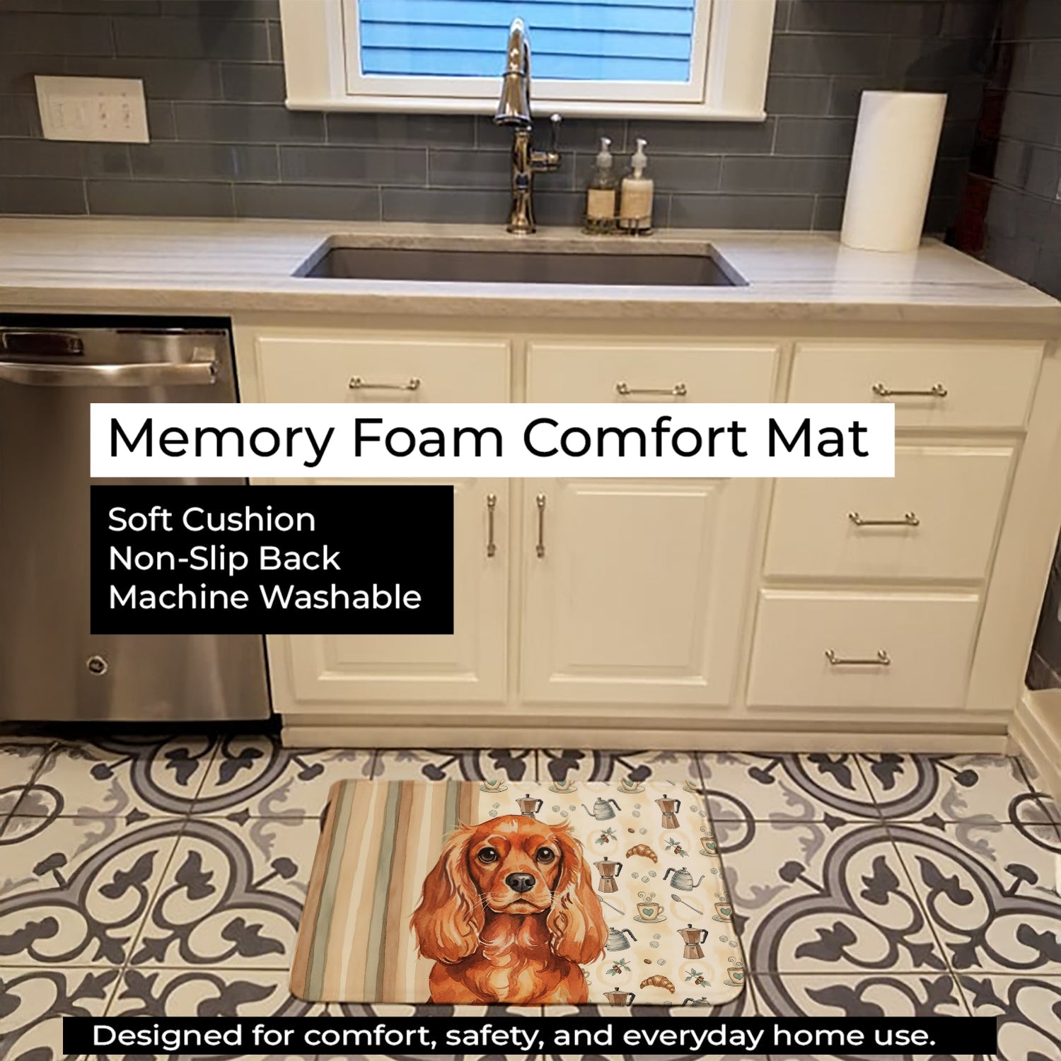 Ruby English Toy Spaniel Coffee Bar Memory Foam Kitchen Mat Machine Washable Anti-Fatigue Cushion Comfort Bath or Kitchen Rug