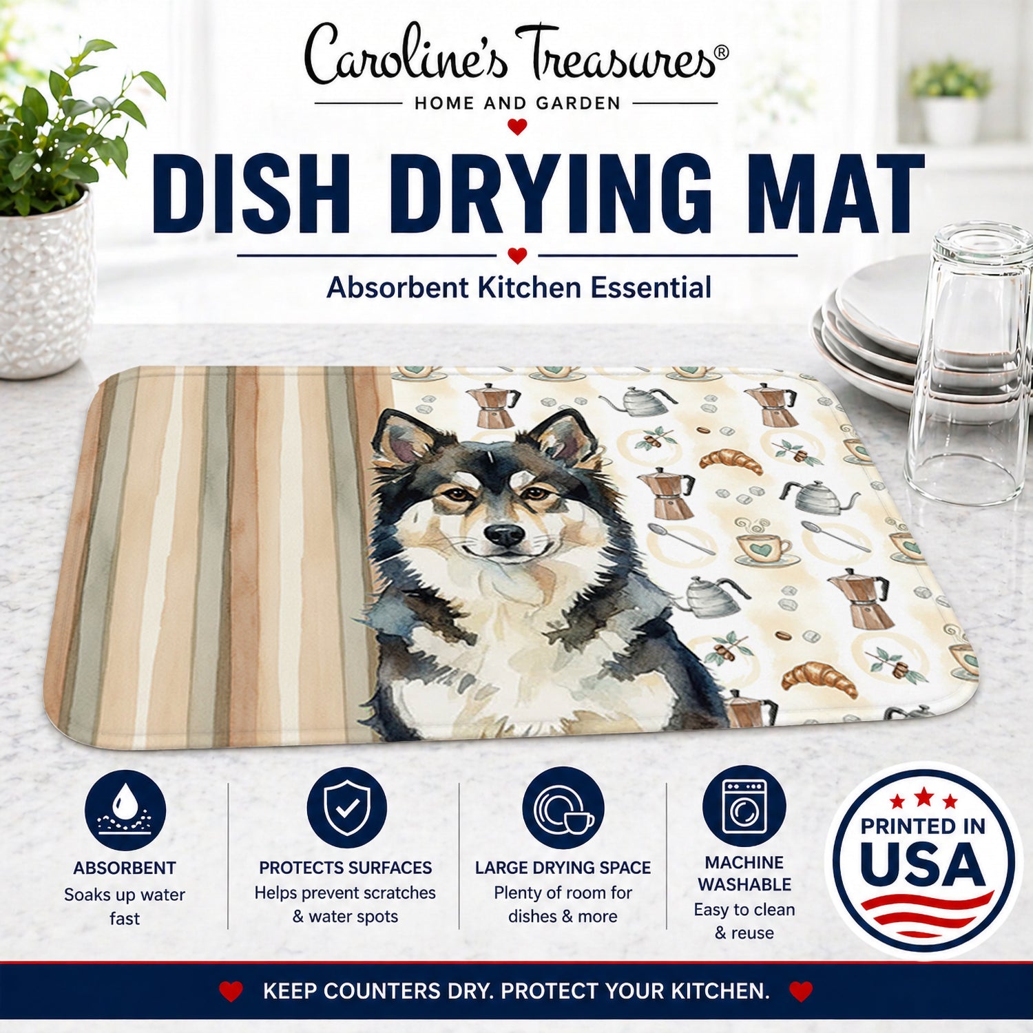 Finnish Lapphund Coffee Bar Dish Drying Mat Absorbent Dish Drying Mat Pad for Kitchen Counter Dish Drainer Mat for Countertop, 14 x 21", Multicolor