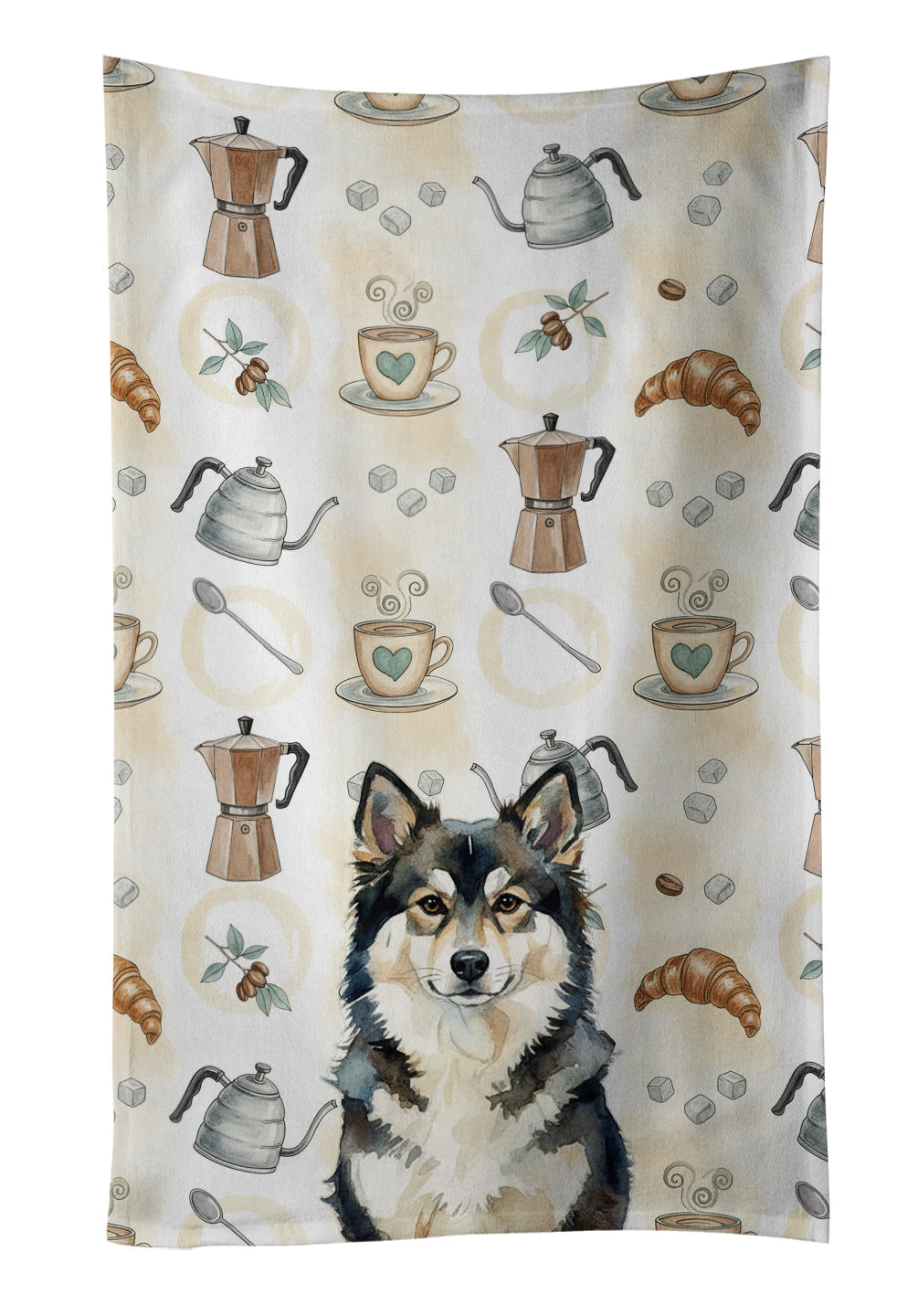 Finnish Lapphund Coffee Bar Kitchen Towel Velour Plush Front and Cotton Loop Back Machine Washable