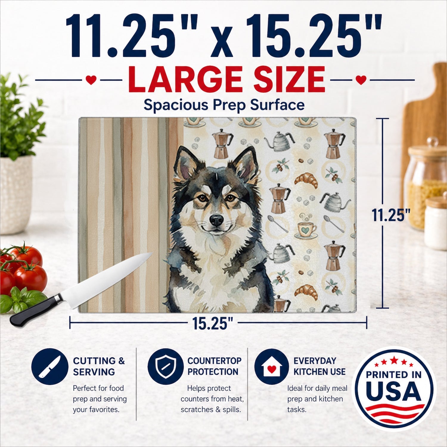 Finnish Lapphund Coffee Bar Cutting Board Tempered Glass Kitchen Cutting Surface, Heat Resistant Chopping, Non-Slip Feet, Food Prep & Serving